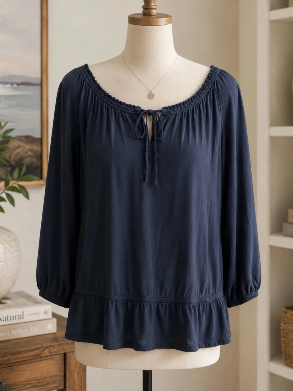 Banana Republic Navy Boatneck Relaxed Peasant Blouse